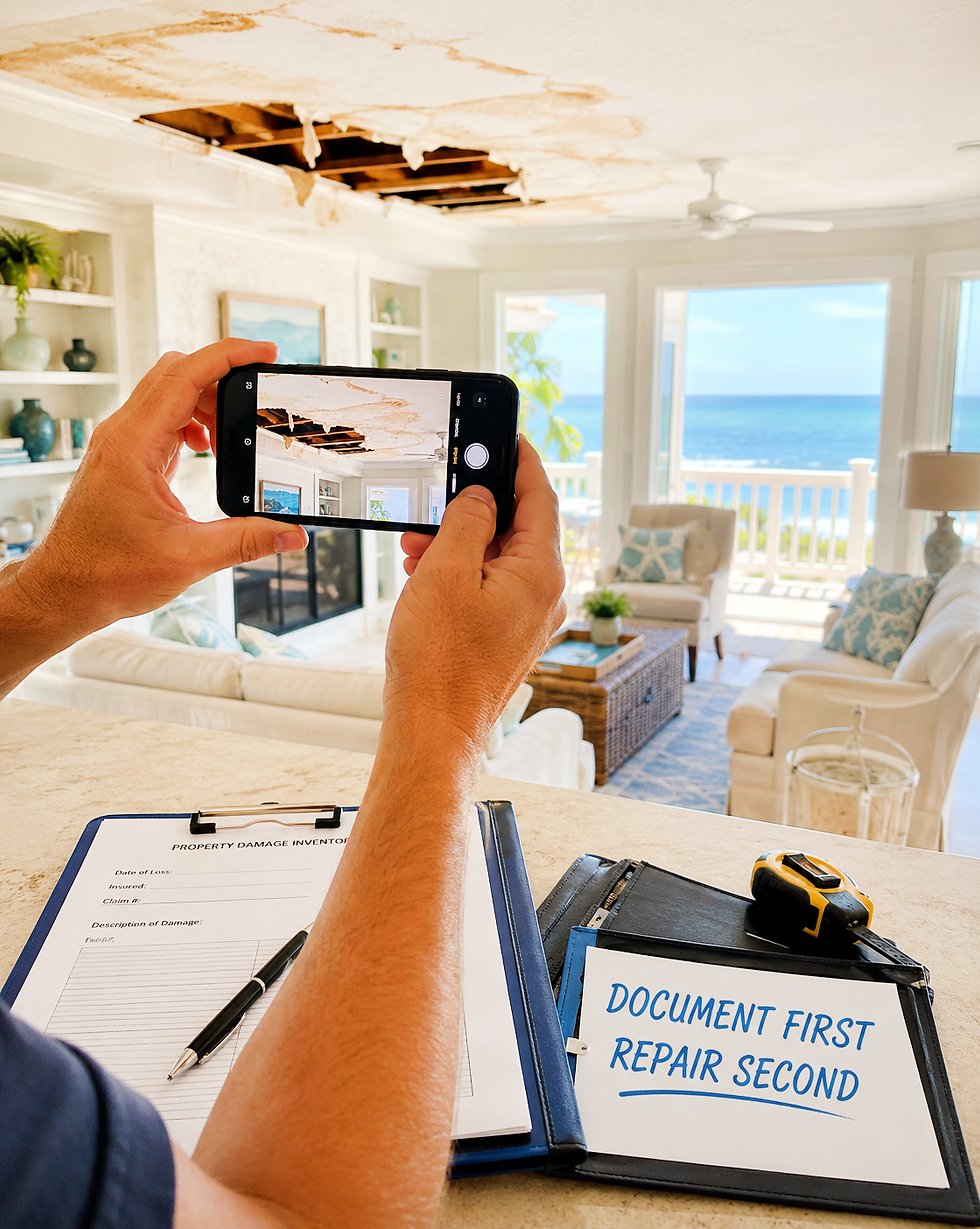 Person photographs water-damaged ceiling in bright ocean-view living room; clipboard reads DOCUMENT FIRST REPAIR SECOND.