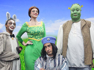 Zimyr Alexander as Donkey, Shirey Brown as Fiona, Daniel Johansson as Lord Farquaard, Stephen D. Andrews as Shrek. Photo by Dan Carriero