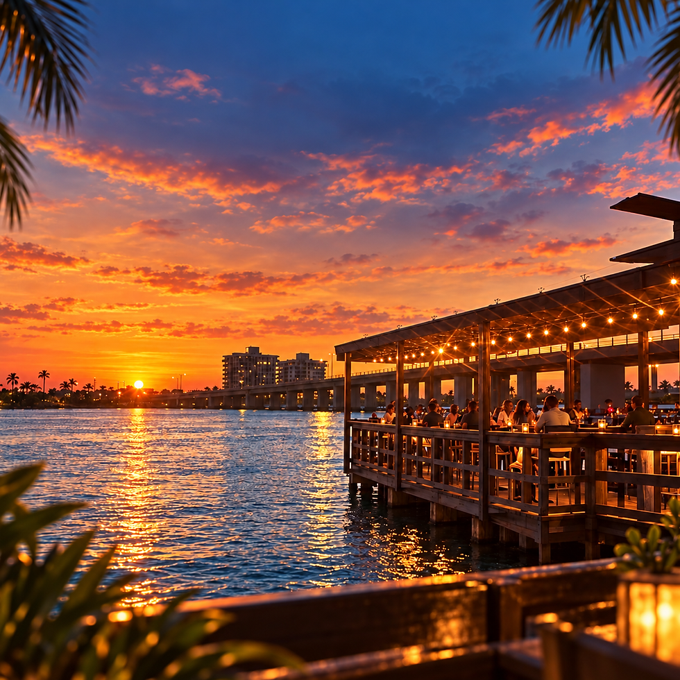 Sunset over a waterfront restaurant patio with diners, glowing lights, rippling water, and orange clouds over the bay.