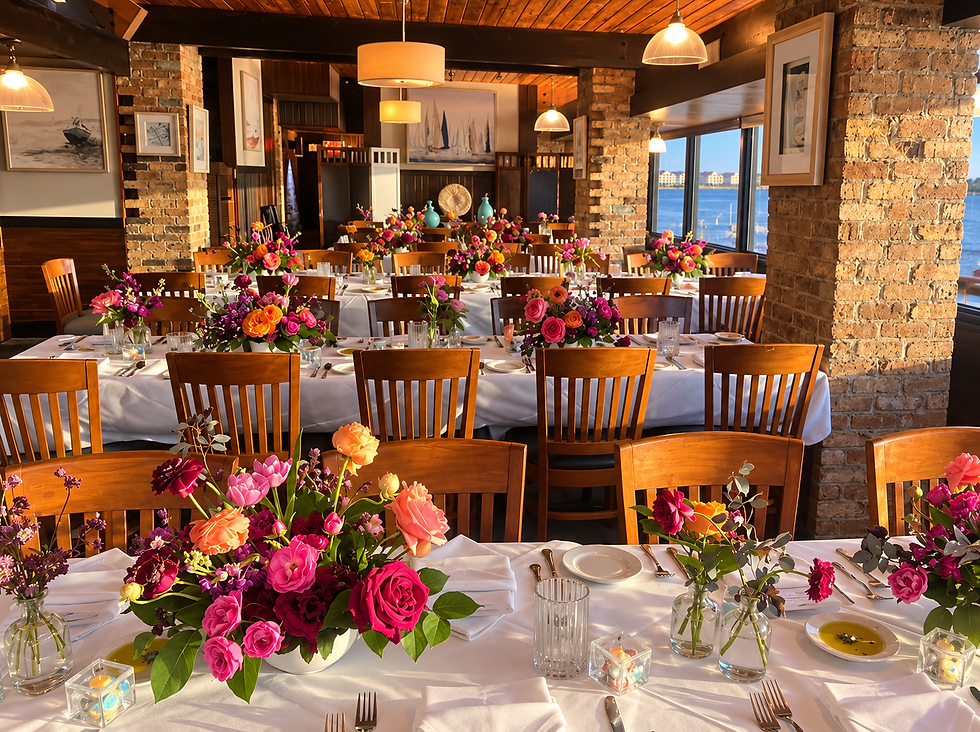 Elegant waterfront dining room set for an event, with white tablecloths, colorful flower centerpieces, and warm brick-and-wood decor.