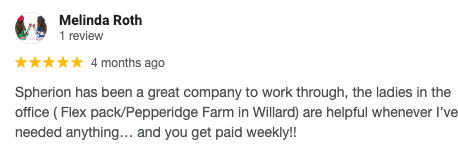 Melinda Roth 5-star review: Spherion offers "great company" and weekly pay.