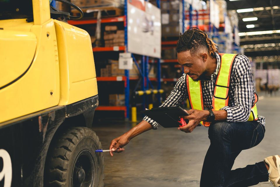 man checking tire of forklift in warehouse