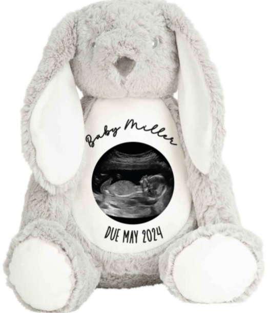 large personalised soft Plush teddy with Scan picture and date due Design