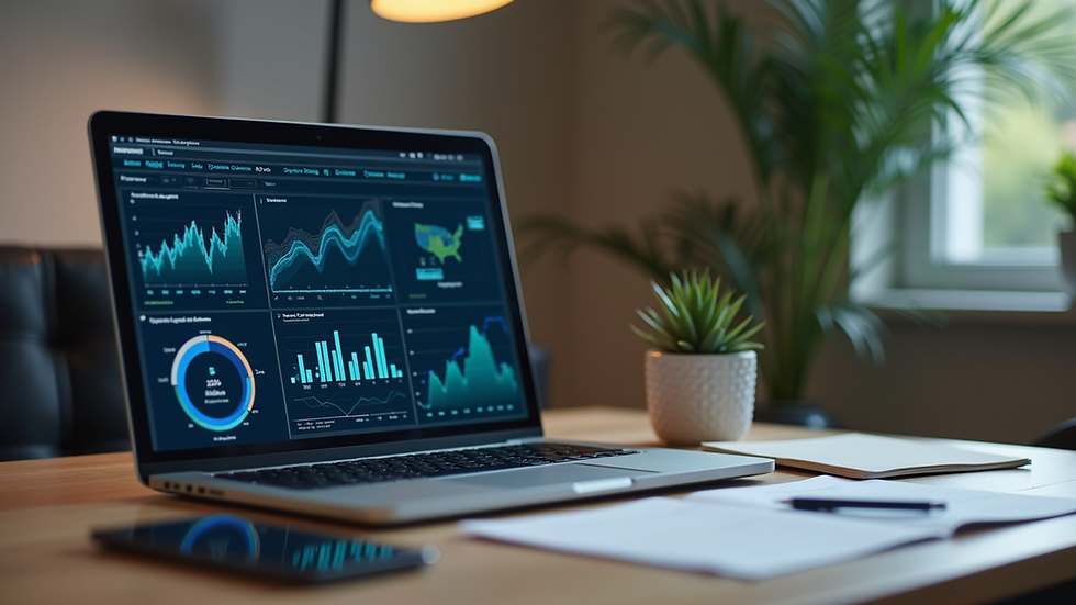 Eye-level view of a small business office with a laptop displaying AI analytics