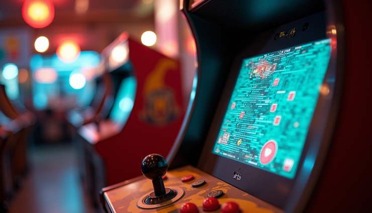 Eye-level view of a retro arcade machine with colorful pixelated graphics
