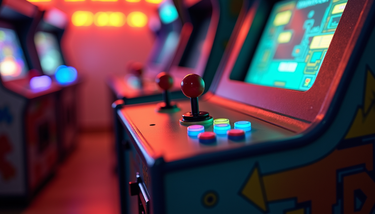 Eye-level view of a classic retro arcade machine with colorful joystick and buttons