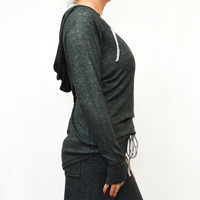 Thumbnail: Side view of model wearing the "Love Me" V-Neck Lounge Pullover Top in Charcoal