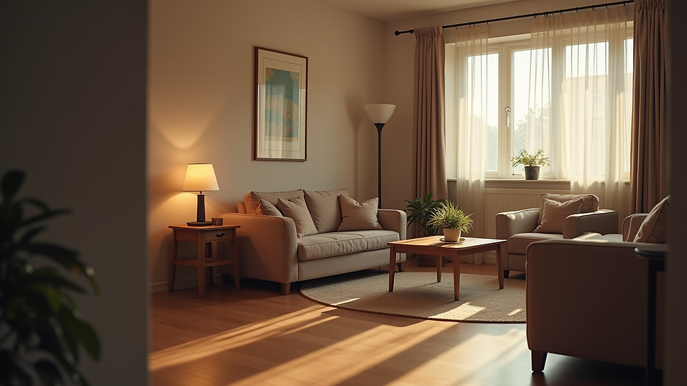 Eye-level view of a cozy communal living room in a sober living environment