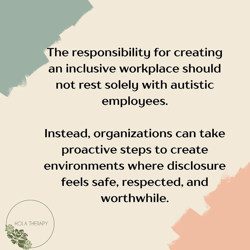 Poster on inclusive workplaces with quote about autistic employees and safe disclosure; cream background, green and peach corners.