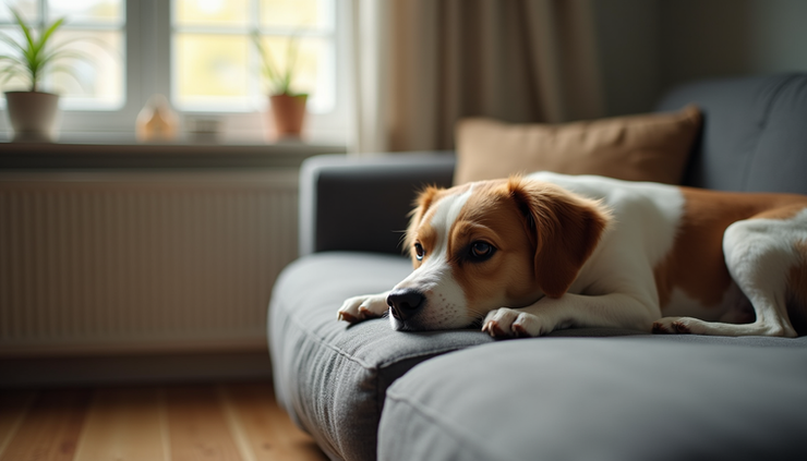 Close-up view of a dog resting on a couch inside a rental apartment