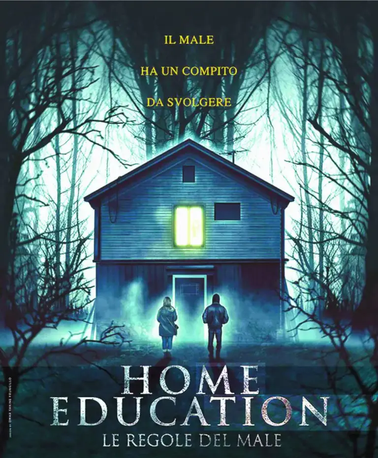 Locandina film Home Education, casa illuminata nel bosco, toni blu e verdi.