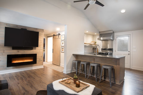 Kitchen and living room with fireplace