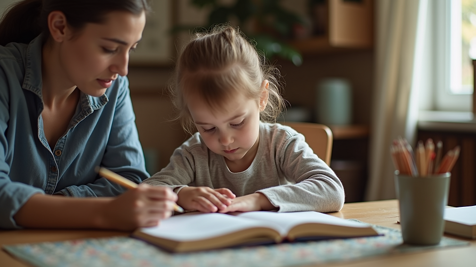 Eye-level view of a child reading with a tutor