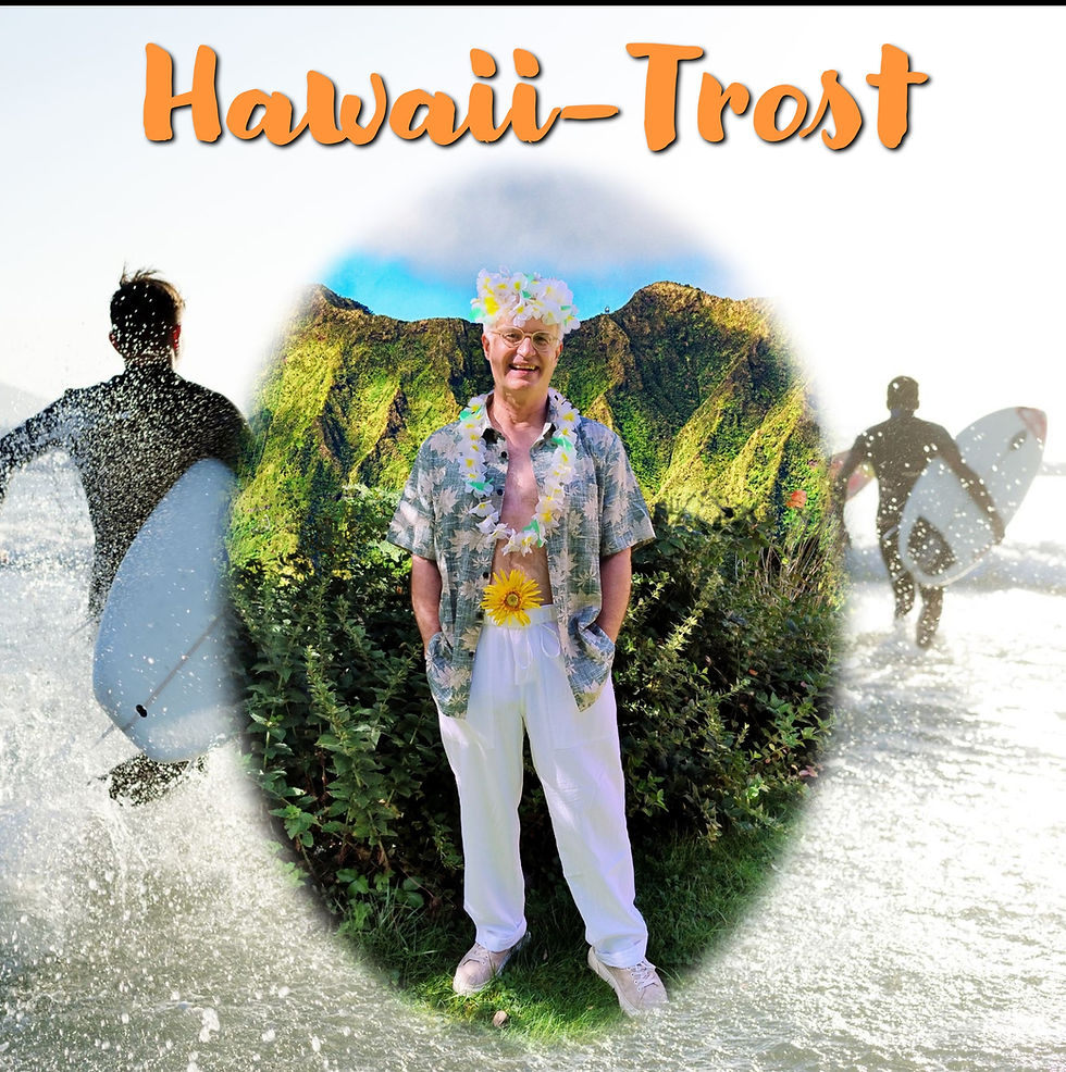 Thomas von Krafft im Hawaii-Outfit, im Hintergrund Surfer auf dem Weg ins Wasser