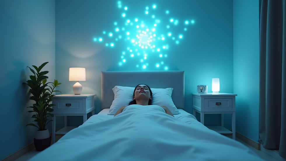 Eye-level view of a serene therapy room with calming lights and biofeedback equipment
