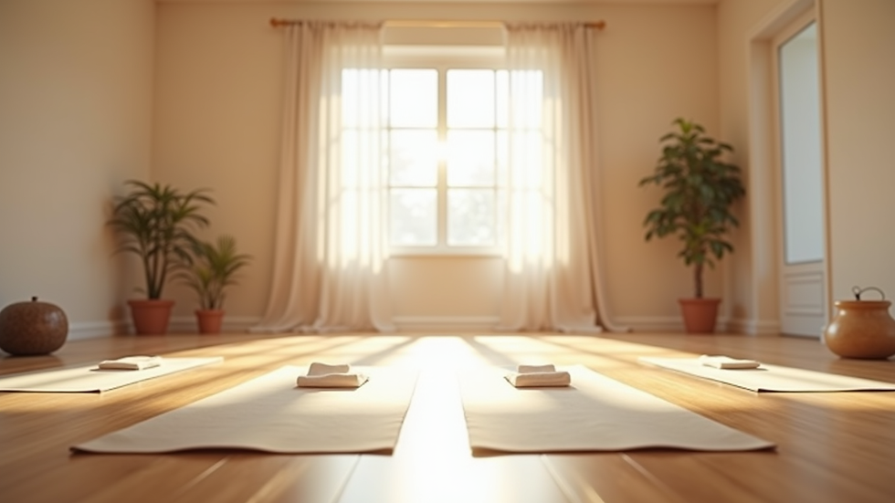 Eye-level view of a serene yoga studio with soft natural light