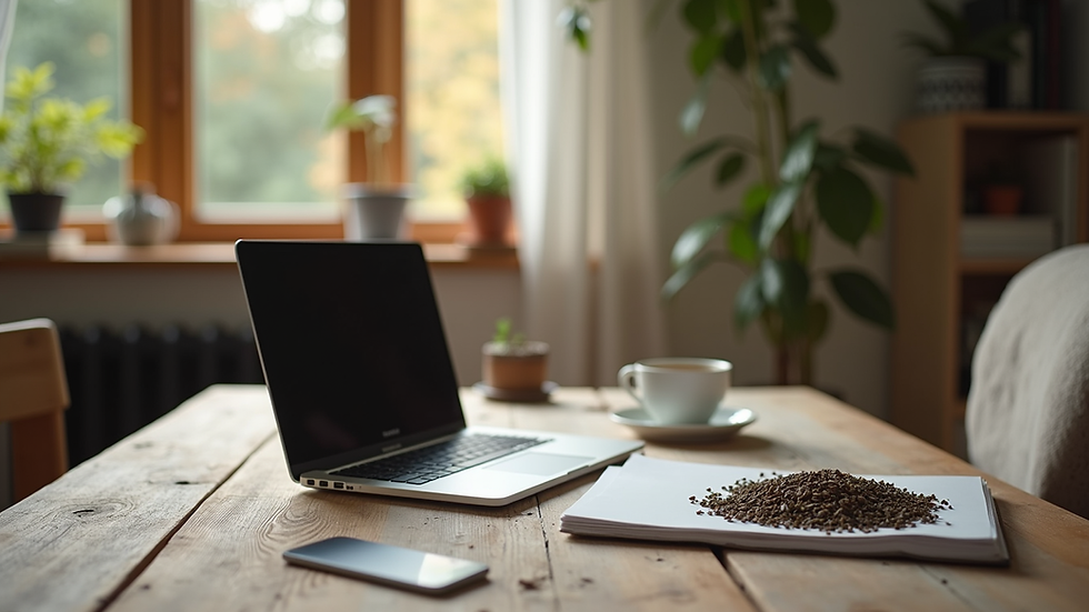 Eye-level view of a cozy home office with a laptop and a cup of herbal tea
