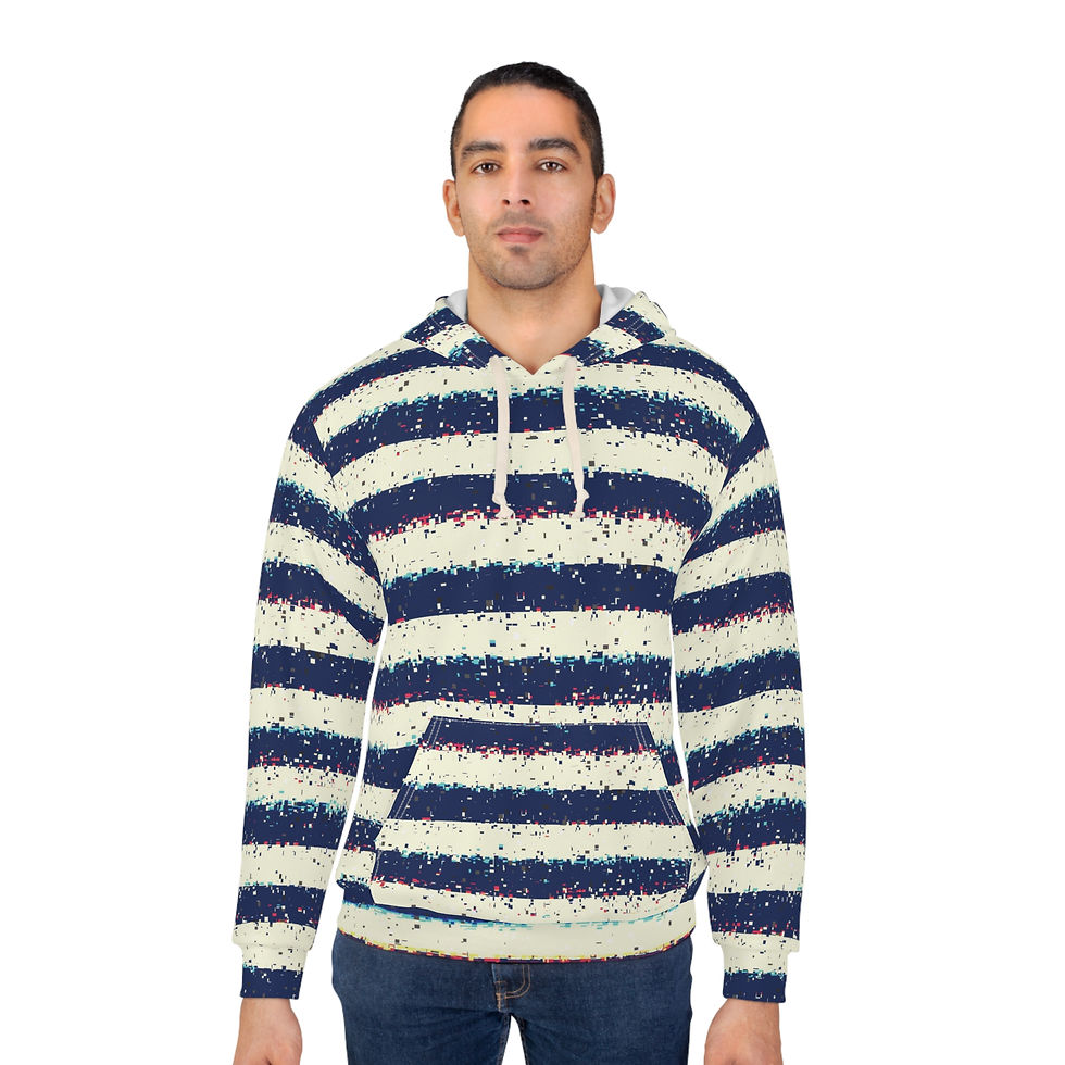 Thumbnail: Nautical Navy Glitch Effect Hoodie Male Model