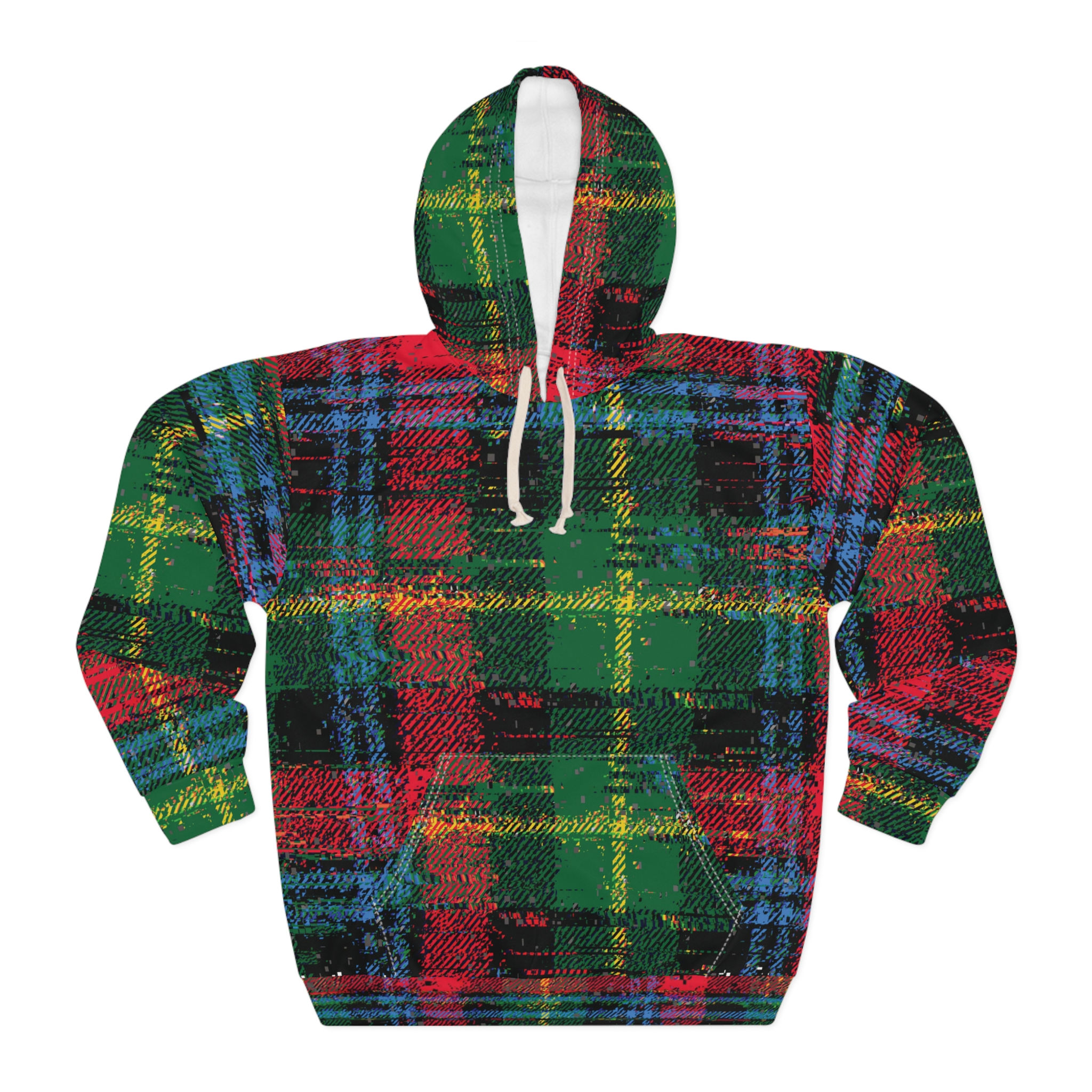 Tartan Style Glitch Pattern Hoodie Front View