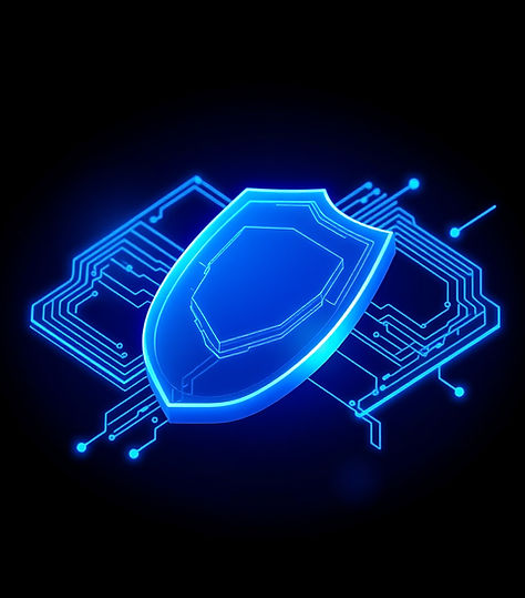 A futuristic 3D digital shield made of glowing blue and cyan circuit lines, floating in a