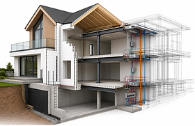 3D BIM model showing coordinated architectural, structural and building services information for construction projects.
