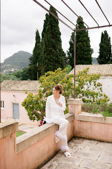 Bride getting ready at Courti Estate Corfu Greece destination wedding bridal preparation photography