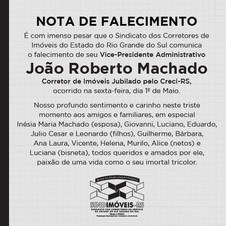 Nota de Falecimento - Vice-Presidente Administrativo João Roberto Machado