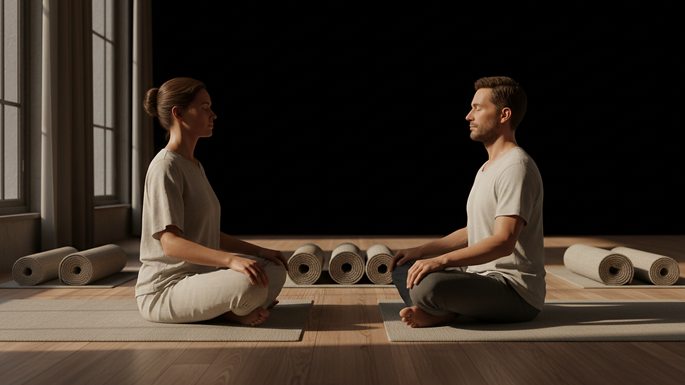 Eye-level view of a calm therapy room with yoga mats and natural light