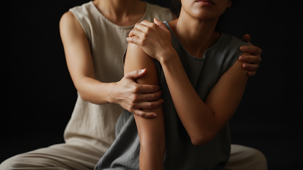 Close-up view of a yoga therapist guiding a patient in a gentle stretch
