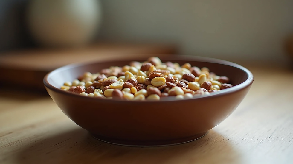 Eye-level view of a bowl of mixed nuts and seeds on a kitchen counter