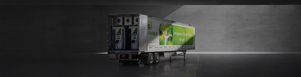 Renewable Innovations MEC-H mobile hydrogen-powered EV charging semi-trailer displayed in a minimalist concrete showroom, featuring open rear doors revealing dual charging pedestals under directional architectural light.
