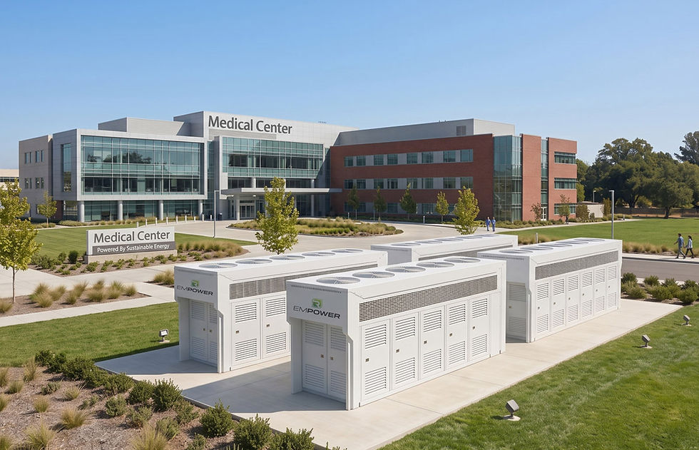 Row of white EmPower modular power generation and storage units providing resilient, emission-free primary and backup power to a multi-story medical facility.