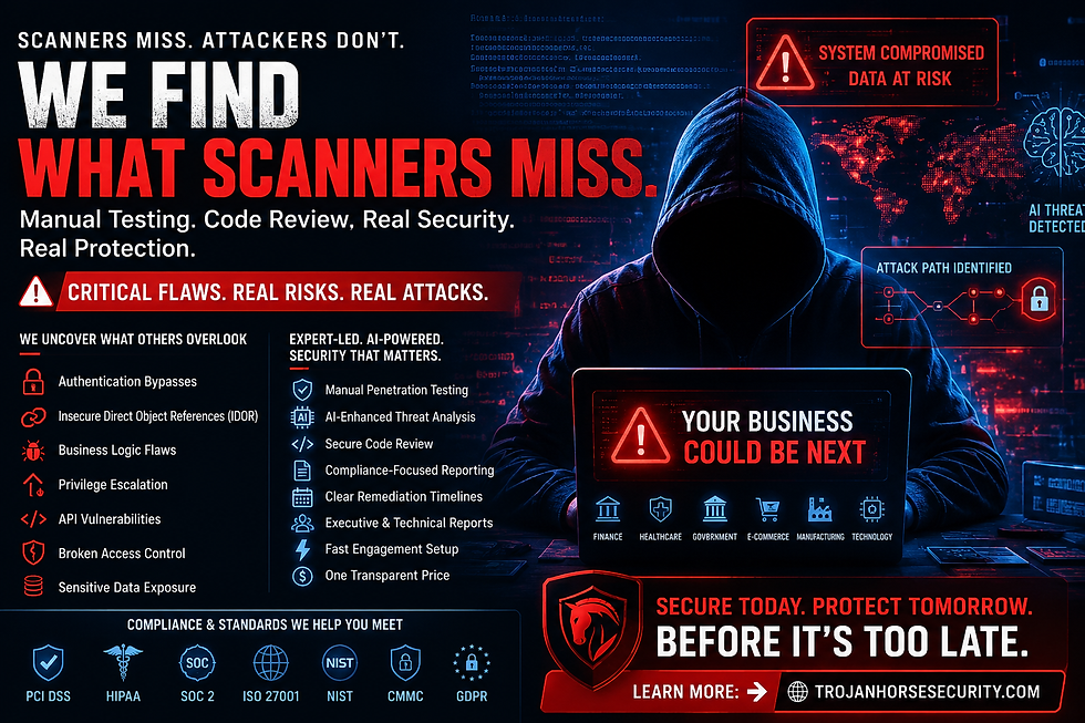 Protect Your Business Before Attackers Strike
Cybersecurity threats are growing more advanced every day. Businesses that rely solely on automated scanning tools are leaving critical vulnerabilities undiscovered.
Manual penetration testing, AI cybersecurity analysis, secure code review, and proactive application security testing are now essential components of modern cyber defense.
If your organization handles sensitive customer data, payment systems, cloud infrastructure, APIs, AI integrations, or regulated information, now is the time to evaluate your security posture.
Learn more about advanced cybersecurity testing and application security services at https://www.TrojanHorseSecurity.com