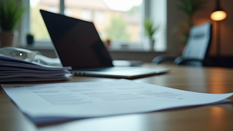 Eye-level view of office desk with laptop and compliance documents