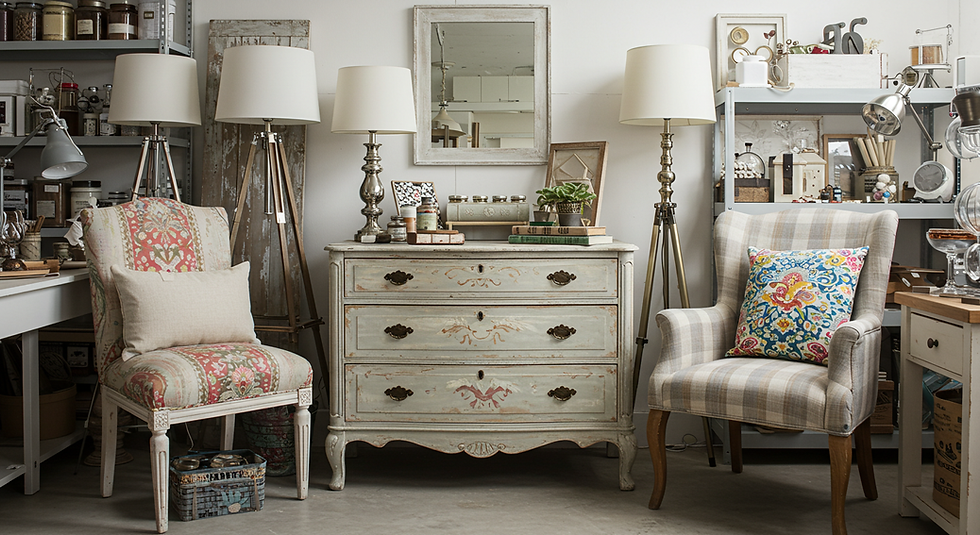 A charming vintage furniture display featuring a weathered gray dresser with ornate details and antique brass hardware. Flanking the dresser are two elegant chairs - one with floral pink upholstery and white wooden frame, and another in neutral plaid fabric. Three tripod floor lamps with cream shades add height and warmth. A distressed white-framed mirror hangs above the dresser, while industrial-style shelving holds various decorative items and storage containers. The overall aesthetic combines shabby chic with French country style, showcasing beautifully restored and upcycled pieces.