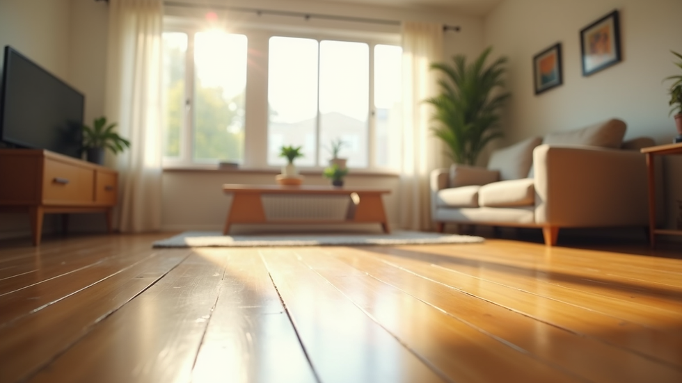 Eye-level view of a bright living room with polished hardwood floors and natural light