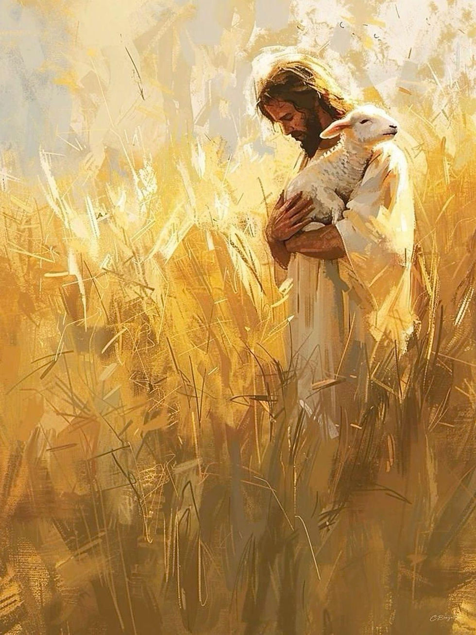 Jesús abrazando a una oveja