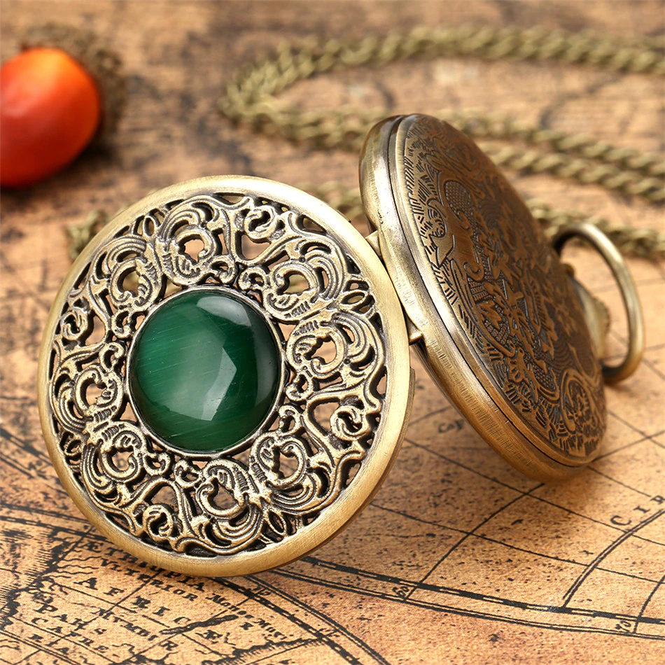 Thumbnail: Royal Green Stone Carved Pattern Bronze Quartz Pocket Watch