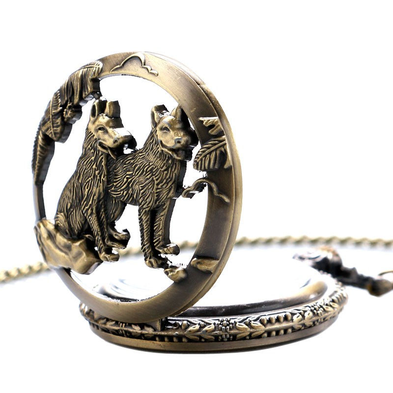 Thumbnail: Retro Bronze Hollow Double Dogs Quartz Pocket Watch W/Necklace Chain