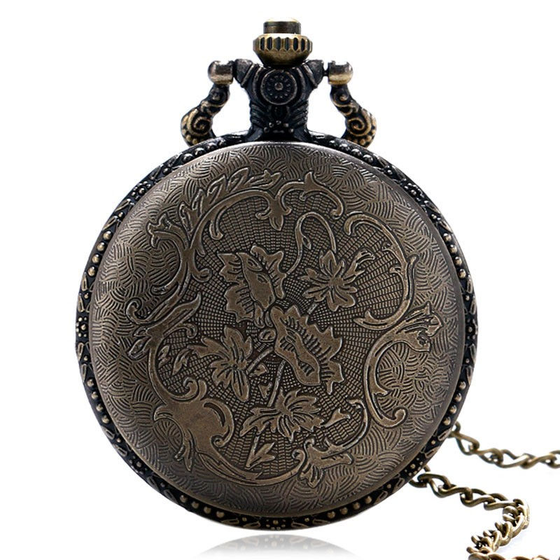 Thumbnail: Retro Bronze Hollow Double Dogs Quartz Pocket Watch W/Necklace Chain