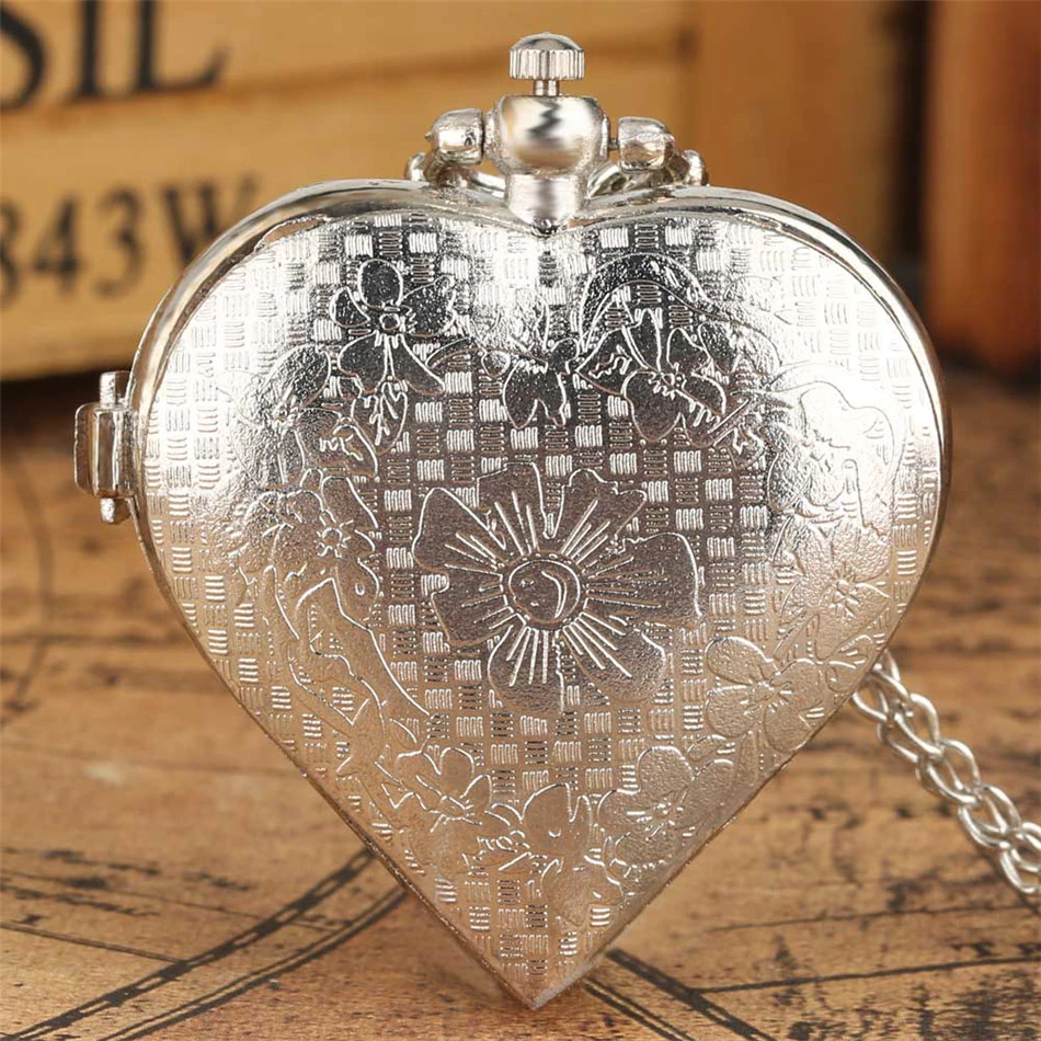 Thumbnail: Heart Shaped Silver Pendant Necklace Pocket Watch Female