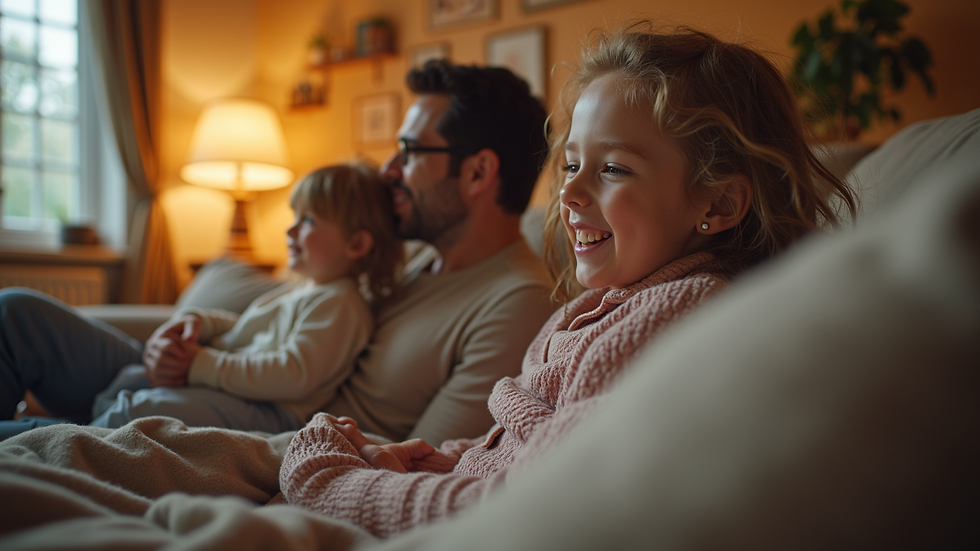 Eye-level view of a cozy living room with a family enjoying time together