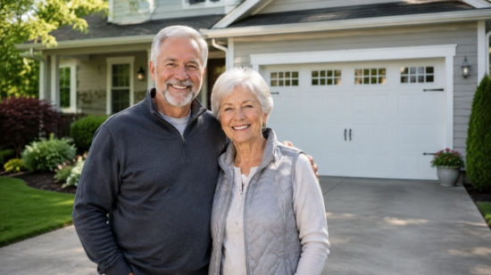 Smiling senior couple standing in front of their home driveway.