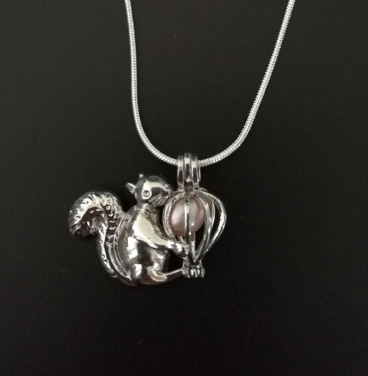 Thumbnail: Squirrel Holding Acorn Pearl Cage Necklace - Sterling Silver