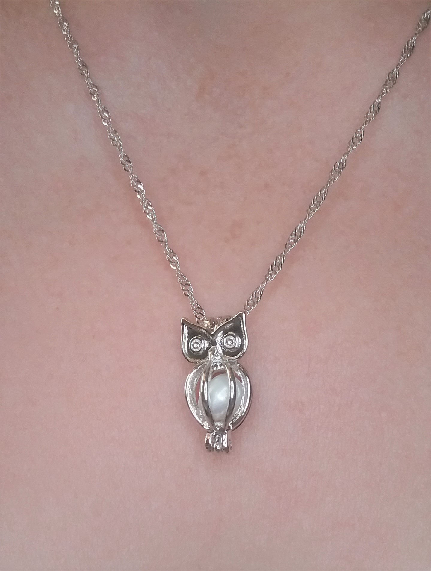 Owl Pearl Cage Necklace - Sterling Silver