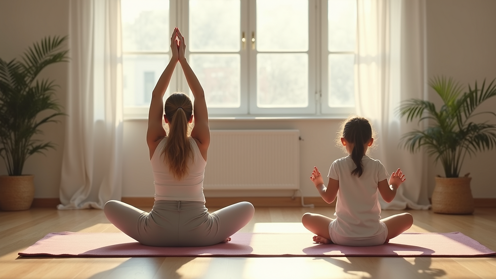 High angle view of an adult and child practicing yoga together in a bright room
