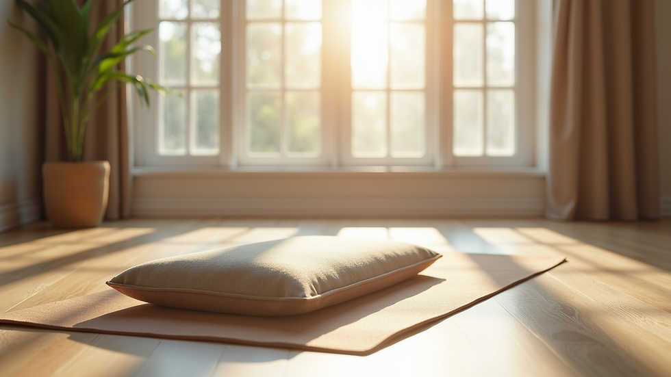 Eye-level view of a yoga mat and meditation cushion in a calm room