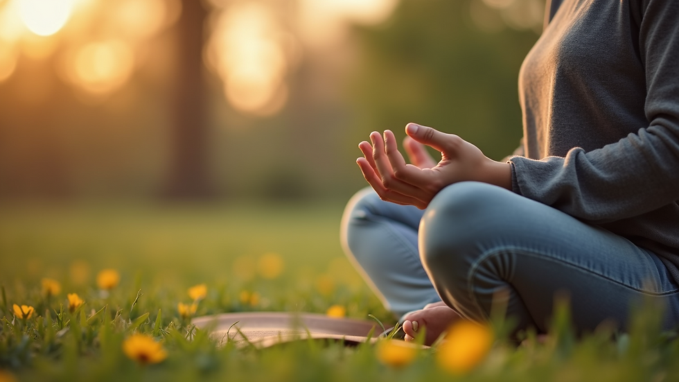 Close-up view of a person practicing mindful breathing outdoors