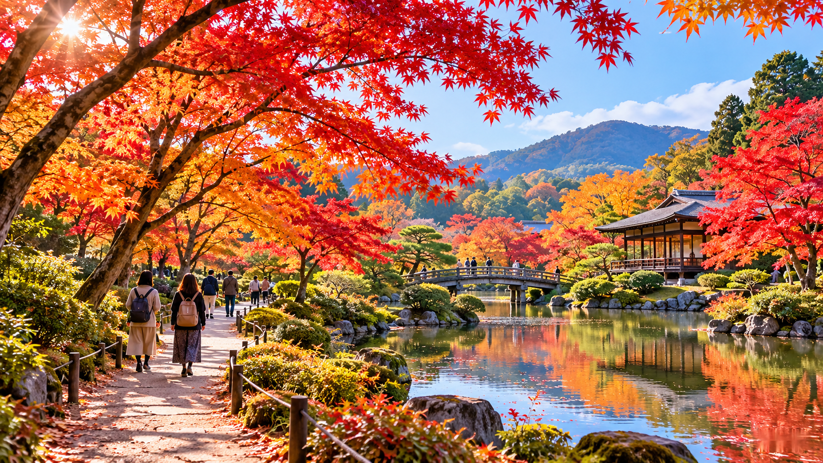 色づいた紅葉と池、日本庭園の風景を描いた、久留米の紅葉スポット紹介記事のアイキャッチ