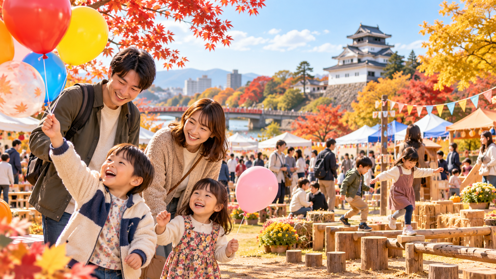 親子連れが秋のイベント会場で遊ぶ様子を描いた、久留米の子連れイベント記事のアイキャッチ